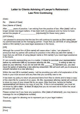 Letter to Clients Advising of Lawyer Retirement