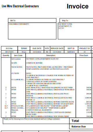 Live Wire Electrical Contractors Invoice