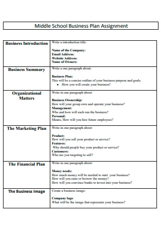 Middle School Business Plan Assignment