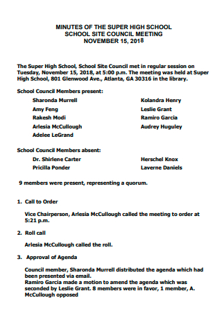 Minutes of High School Site Council Meeting