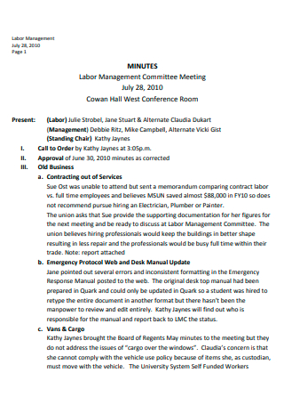 Minutes of Labor Management Committee Meeting