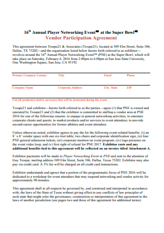 Networking Event Vendor Participation Agreement