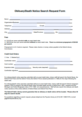 Obituary Death Notice Search Request Form