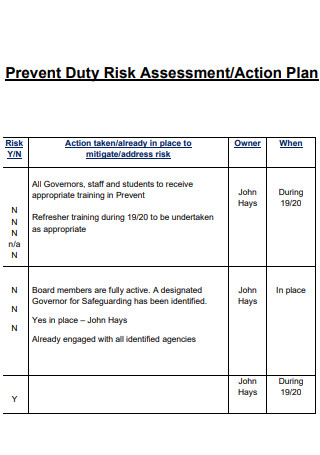 Prevent Duty Risk Assessment Action Plan