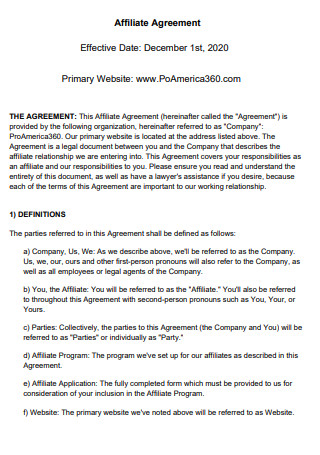 Primary Website Affiliate Agreement