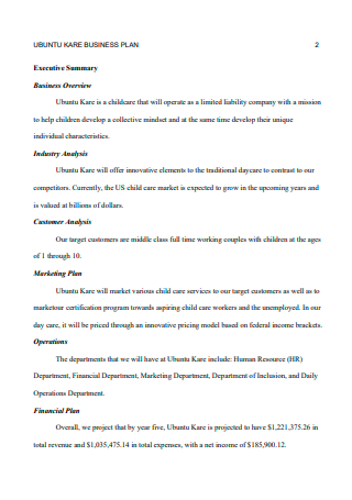 Printable Child Care Business Plan