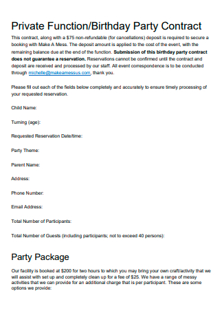 Private Birthday Party Event Contract