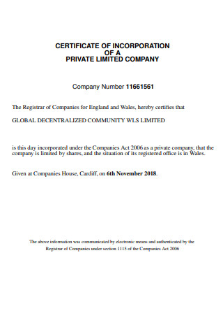 Private Company Incorporation Certificate