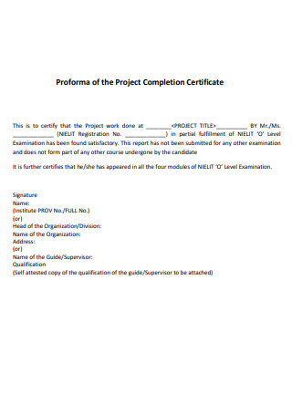 Proforma of the Project Completion Certificat