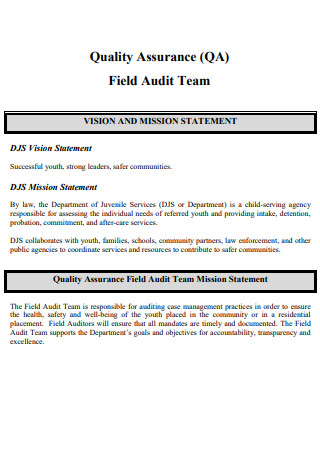 Quality Assurance Field Audit Mission Statement