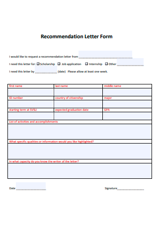 Recommendation Letter Form