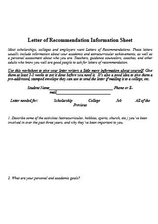 Recommendation Letter Information Sheet