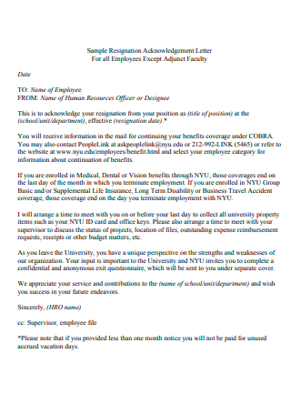 Resignation Acknowledgement Letter For Employees Except Faculty