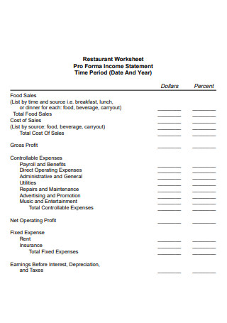 Restaurant Worksheet Income Statement