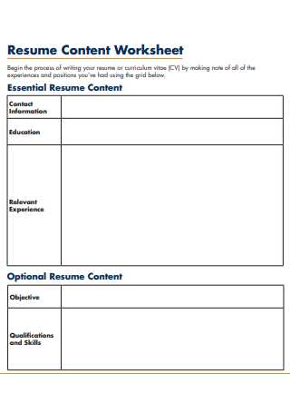 Resume Content Worksheet