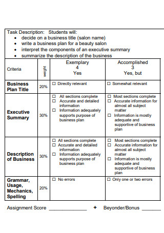 Rubric for a Salon Business Plan