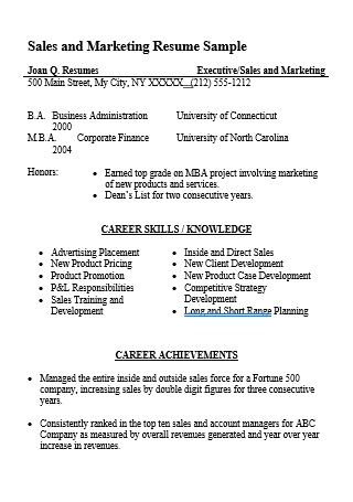 Sales and Marketing Resume