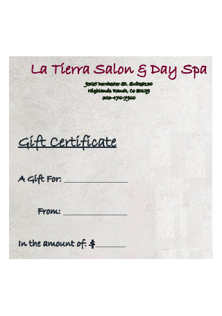 Salon and Day Spa Gift Certificate