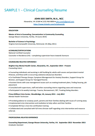 Sample Clinical Counseling Resume