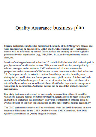 Sample Quality Assurance Business Plan