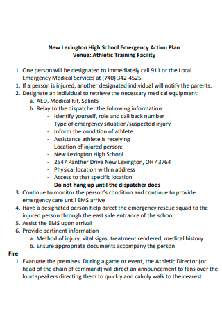 School Emergency Action Plan Athletic Training Facility