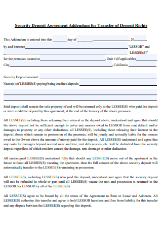 Secuity Deposit Agreement Addendum For Transfer of Deposit Rights