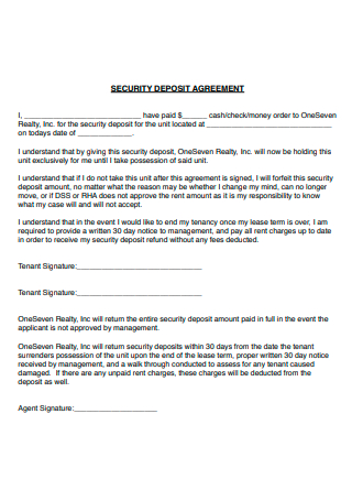 Security Deposit Agreement Example