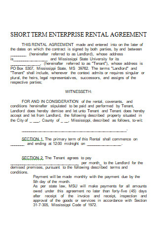 Short Term Enterprise Rental Agreement