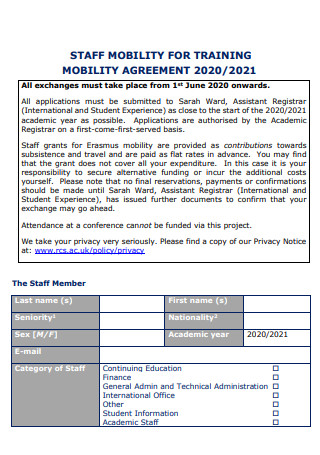 Staff Member Mobility Training Agreement
