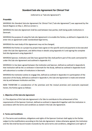 Standard Sub Site Clinical Trial Agreement