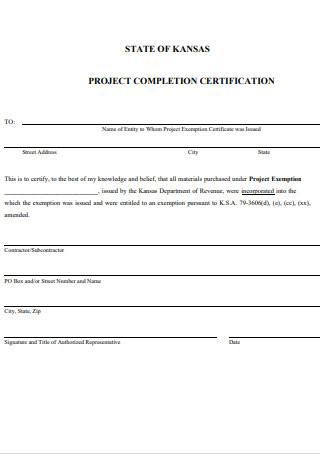 State Project Completion Certificate