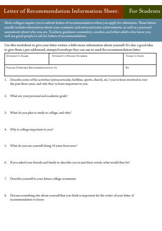 Student Letter of Recommendation Information Sheet
