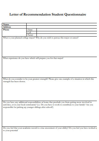 Student Questionnaire Letter of Recommendation