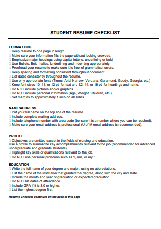 Student Resume Checklist