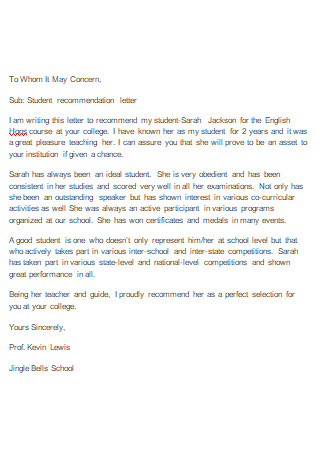 Student Teacher Letter Of Recommendation
