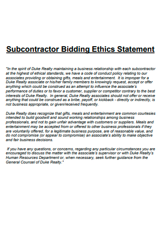 Subcontractor Bidding Ethics Statement