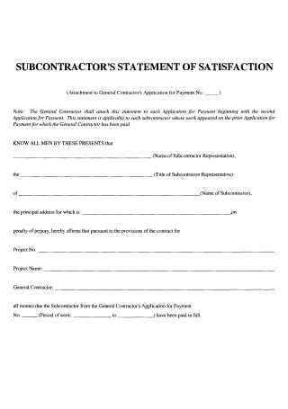 Subcontractor Statement of Satisfaction