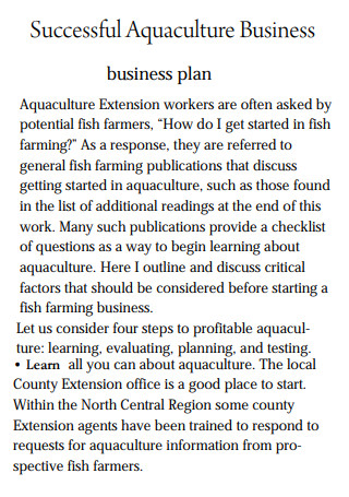 Successful Aquaculture Business Plan