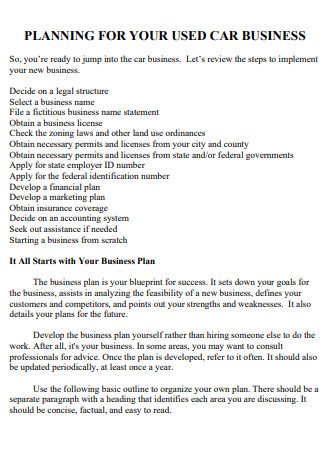 Used Car Business Plan