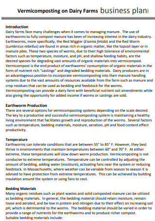 Vermicomposting on Dairy Farms Business Plan