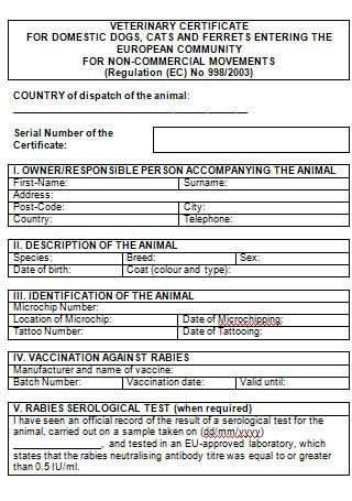 Veterinary Certificate Template