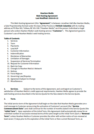 Web Hosting Agreement in PDF