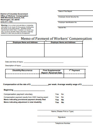 Worker’s Compensation Payment Memo Form