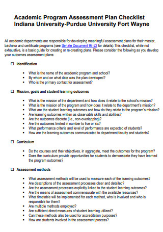 Academic Program Assessment Plan Checklist