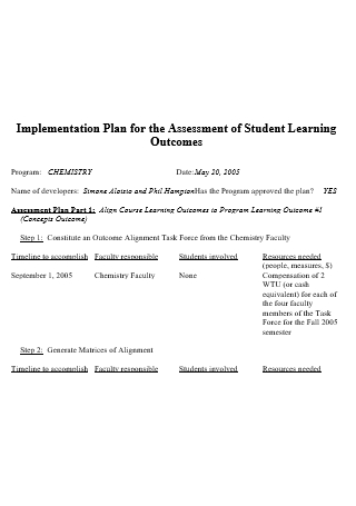 Assessment of Student Learning Implementation Plan