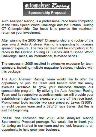 Autoanalyzer Racing Sponsorship Proposal