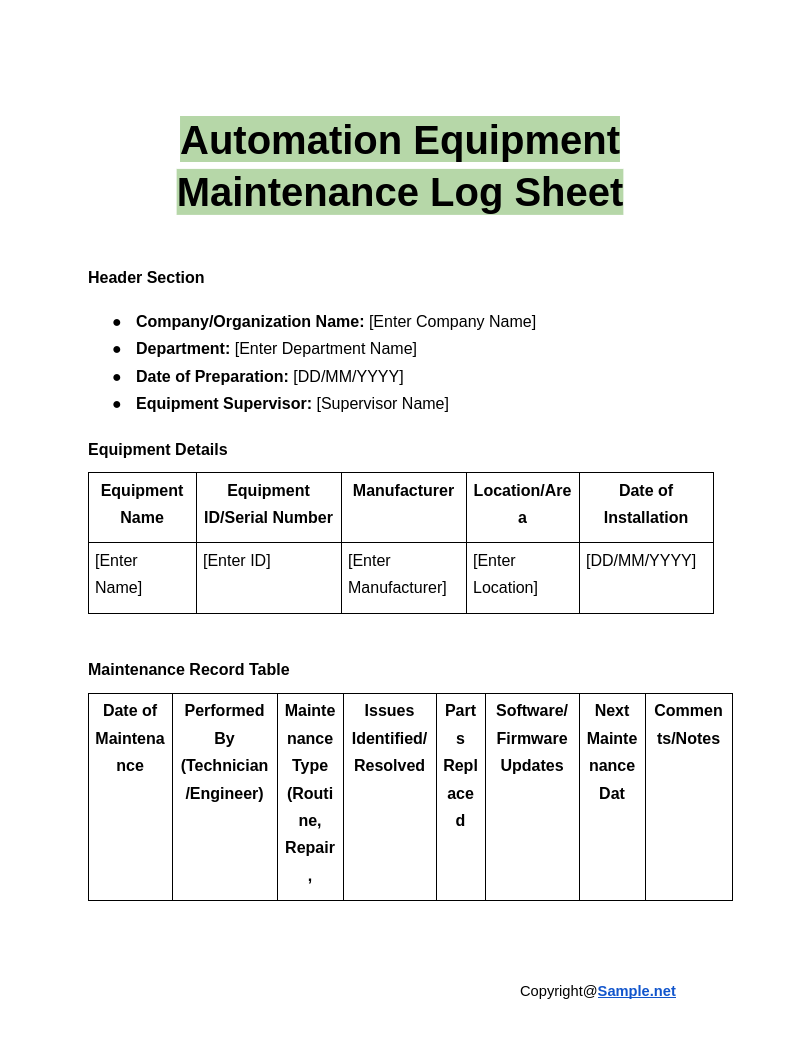 Automation Equipment Maintenance Log Sheet Google Docs 12 12 2024 10 56 AM