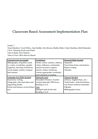 Classroom Based Assessment Implementation Plan