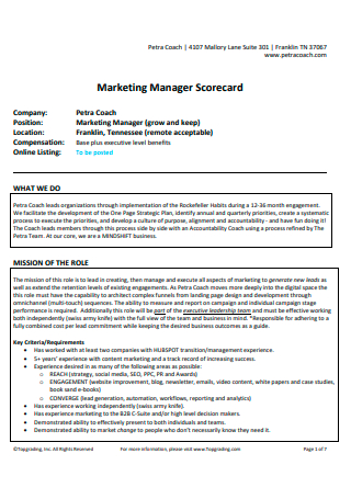 Coach Marketing Manager Scorecard Plan