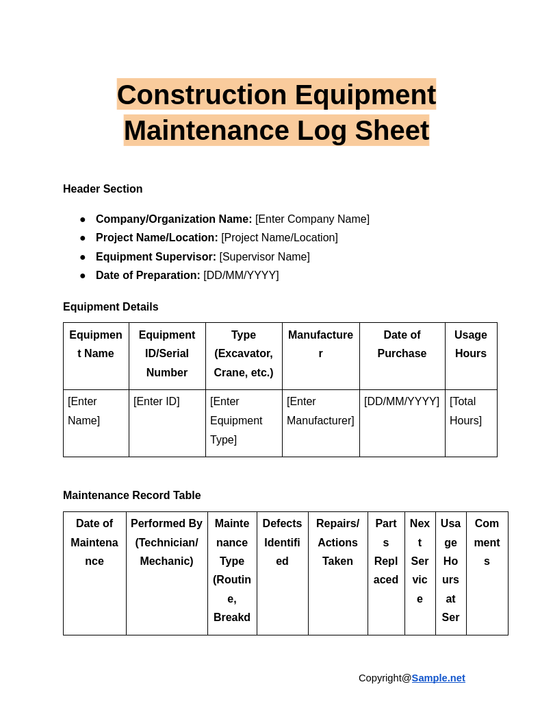 Construction Equipment Maintenance Log Sheet Google Docs 12 12 2024 10 58 AM